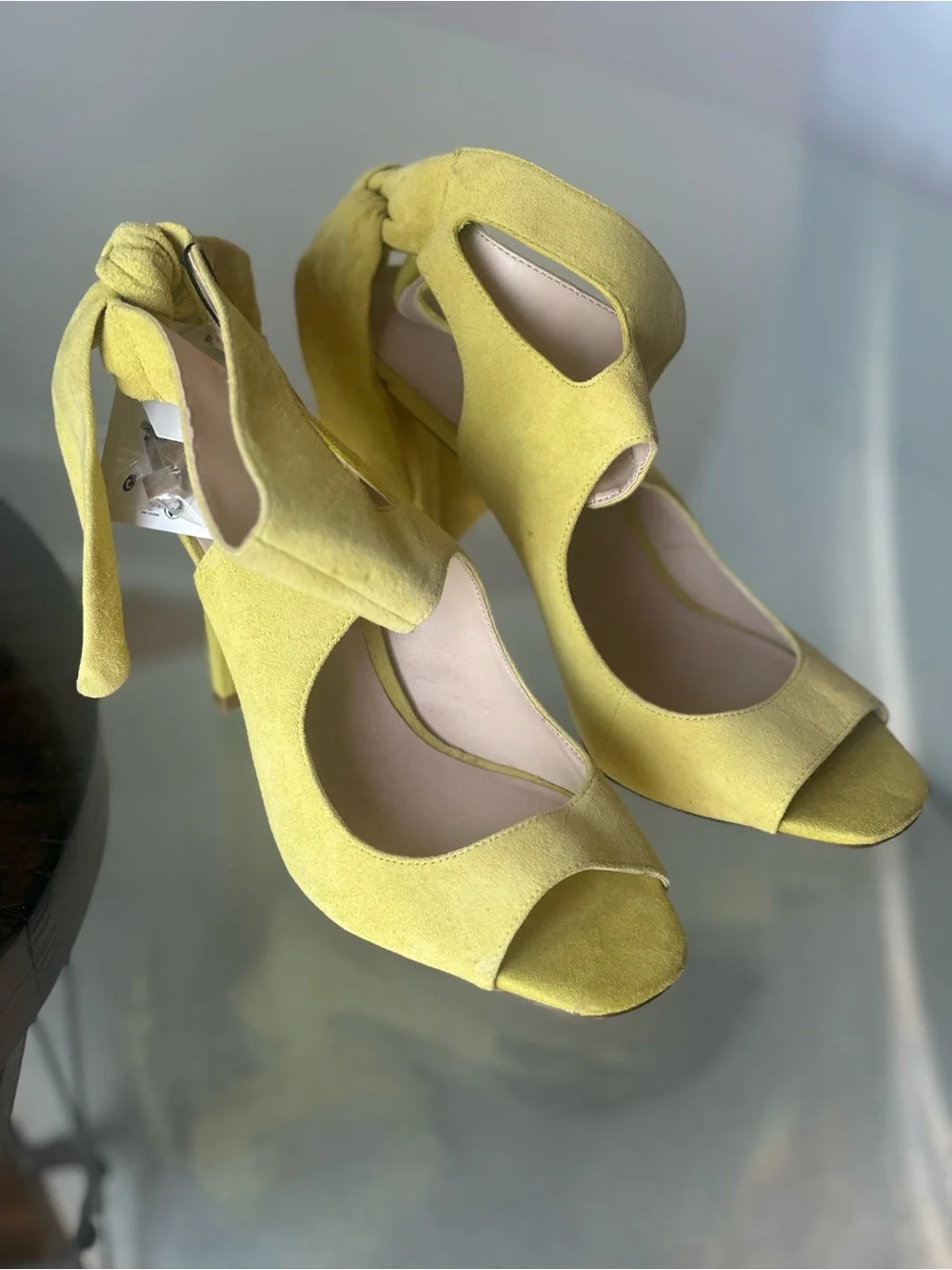 Zara Yellow Suede Tie-Ankle Open-Toe Heels